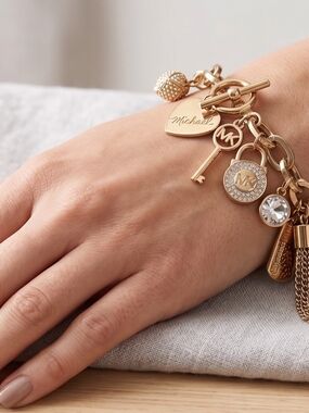 Michael Kors Gold Charm Bracelet with Crystal and Logo Discs